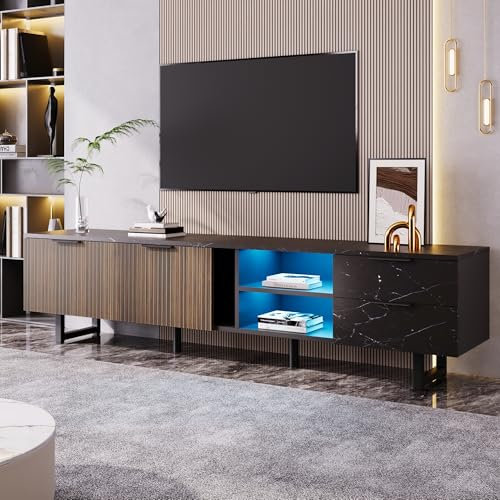 KecDuey Meuble TV, banc TV, avec aspect marbre noir, meuble TV, portes en bois foncé, éclairage LED réglable, deux portes et deux tiroirs, convient pour robot aspirateur
