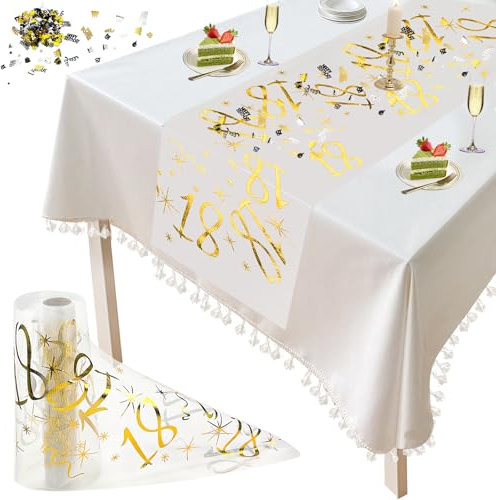 TYBYBB Tischläufer 18 Geburtstag Gold 28cm X 5m Tischdecke Happy Birthday zum Tischband 18. Geschenke Geburtstag Deko Table Runner Goldene Tischläufer Stoff Rolle für Junge Mädchen Party