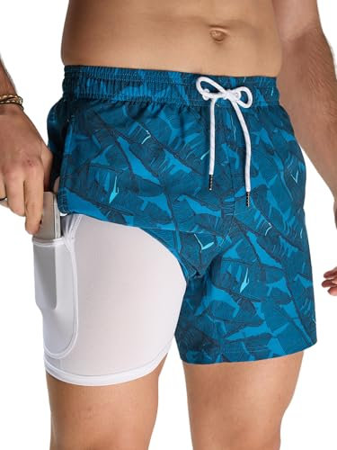 Arcweg Badehose für Herren Badeshorts mit Kompression Liner 2 in 1 Schnelltrocknend Strandhose Männer Elastisch Surf Shorts mit Reißverschlusstaschen Blaues Bananenblatt L(EU