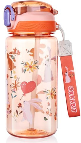 flintronic 600ML Gourde Enfant avec Paille, Bouteille d'eau Anti-fuite Réutilisable, Sans BPA Tritan, Avec poignée, pour Garçons, Filles, Ecole Maternelle (Orange)