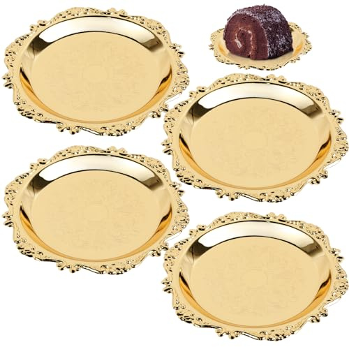 PTMTFYL 4 bandejas decorativas doradas, bandeja redonda vintage para servir, platos dorados de metal, bandeja de tocador de baño, bandeja de joyería para alimentos, perfume, llaves, velas, bandeja
