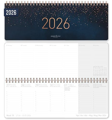 Häfft® Calendario de escritorio semanal internacional 2026 apaisado Starry Night 1 semana 2 páginas, 29,8 x 11,6 cm, multilingüe - sostenible y respetuoso con el clima