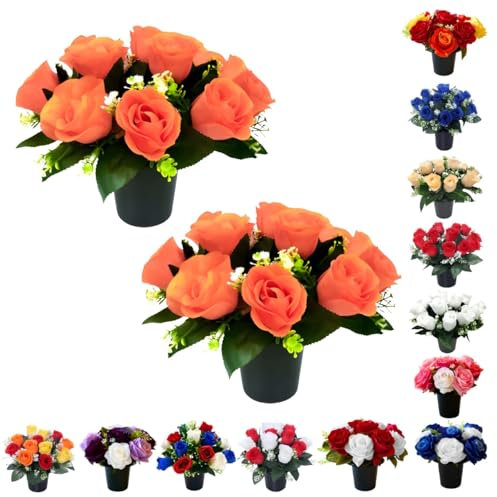 Set of 2 Grave Flower Pots with Improved Design | Artificial Flowers for Graves in Pots | 12-Head Orange Artificial Flowers | Perfect for Cemetery Decor, Christmas Tributes & Memorial Elegance.