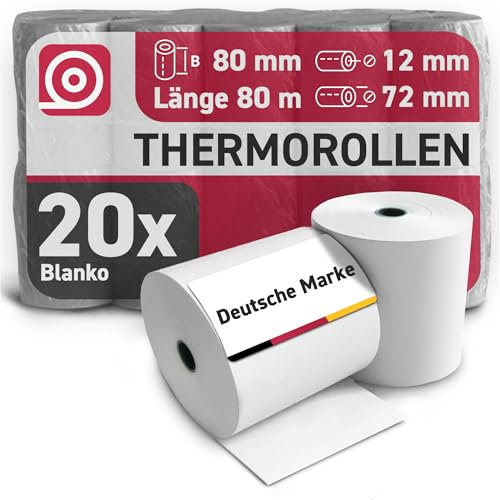 Gebongt24 Thermorollen 80 mm x 80 mmm x 12mm mit 48g/m² – hochwertige Bonrollen aus BPA-freiem Thermopapier – 20 Kassenrollen mit ⌀ 72 mm – passend für EPSON Drucker & Kassenbondrucker