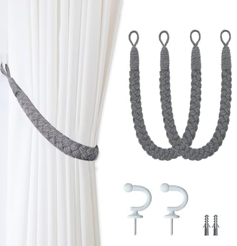 2pcs Grey Tie Backs for Curtains and 2pcs Metal Hook, Curtain Tie Backs, Natural Cotton Rope Curtain Tiebacks, Boho Style Hand-Woven Curtain Tie-Backs for Home & Office (Dark Grey/White)