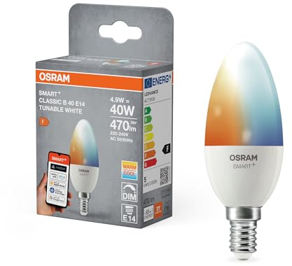 Osram SMART+ LED-Lampe B40, E14 Kerzenform, Tunable White, steuerbar per App und Sprache, dimmbar, Matter-kompatibel, warm- bis kaltweiß