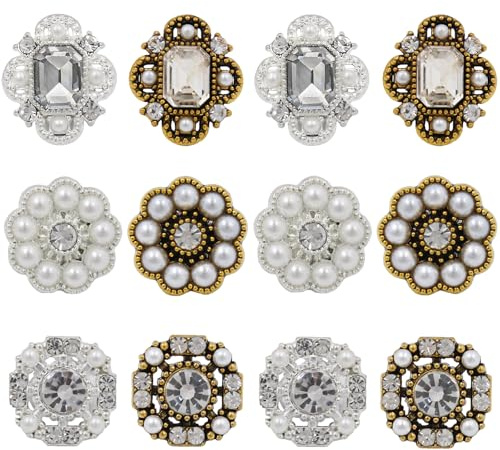 12 piezas de botones dorados vintage con strass y perlas, botones de flores de metal para coser, botones elegantes de cristal para trajes tradicionales, chaquetas, joyería DIY y decoración de boda