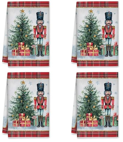 Nutcracker Kitchen Towels, Christmas Festive Xmas Tree Presents Red Absorbent Soft Tea Towels Holiday Kitchen Decor 16x24 Inch (Set of 4)