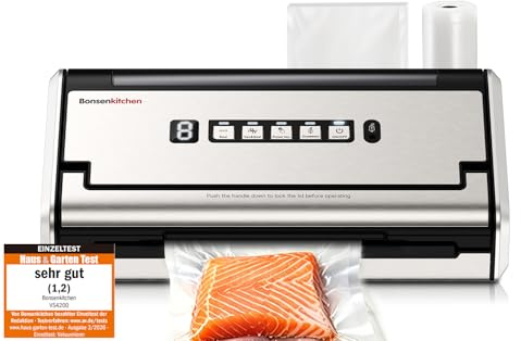 Bonsenkitchen Envasadora al Vacío, Sellado Ancho 5mm Antifugas, VS4200 | 5 Modos, Acero Inoxidable, Una Mano & Pulse Seco/Húmedo,1 rollo bolsas vacío, 5 bolsas precortadas