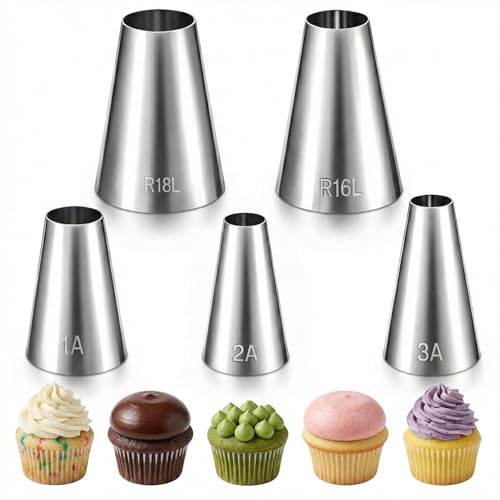 TIESOME 5PCS Large Round Hole Piping Tips for Cake Decorating, Professional Stainless Steel Cupcake Frosting Nozzles Tool Pastry Icing Dispensers for Cake Cookies Pastry Fondant Cream Bag Filler