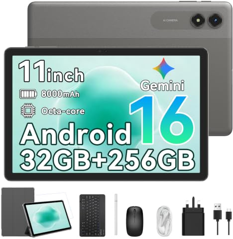 Tablet 2026 Android 16 Tablet with Gemini AI, 11 Inch FHD Display, 32GB RAM 256GB ROM/2TB TF, T7250 CPU + 13MP Camera, 8000mAh, Widevine L1, Tablet with Keyboard, Mouse, Gray, for Work and Study | T7250 CPU + 13MP Camera, 8000mAh, Widevine L1, Tablet with Keyboard, Mouse, Gray, for Work and Study