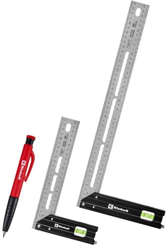 Einhell 2-tlg. Anschlagwinkel-Set, 200/400 mm | 90°-/45°-Winkel | mm-/inch-Skalen | Libelle | Streichmaß | Anreißöffnungen | Aluminiumprofil | Druckbleistift