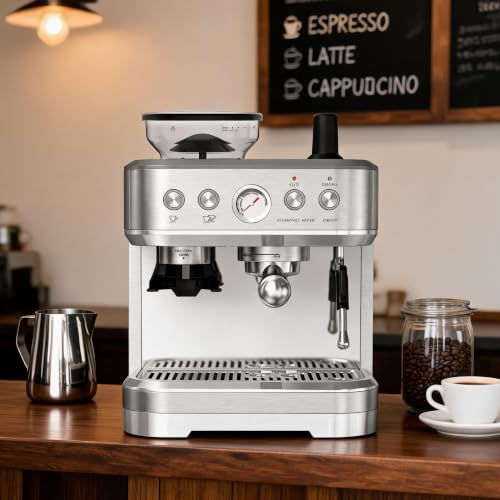Aptliton Bean to Cup Coffee Machine with Grinder, Espresso Machine with Manual Steam Wand Milk Frother, Integrated Conical Burr Grinder 16 Settings, PID Temperature Control, Stainless Steel