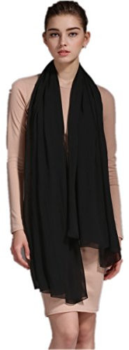 Prettystern Damen XXL Seidenschal Seidentuch einfarbig Seide festlich Abendkleid Stola Chiffon Sarong Pareo Schultertuch A12 schwarz