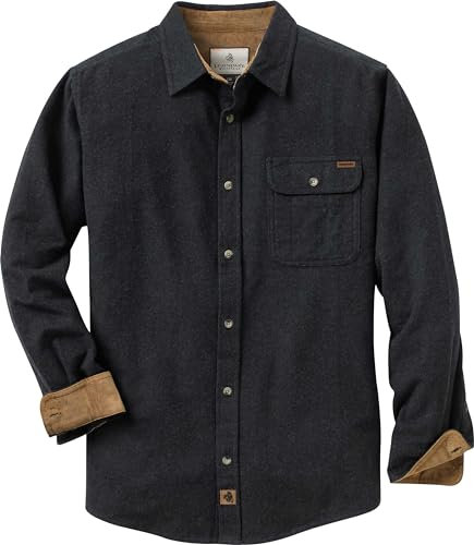 Legendary Whitetails Men's Buck Camp Flannel, Long Sleeve Plaid Button Down Casual Shirt, Corduroy Cuffs, Black Heather, Large