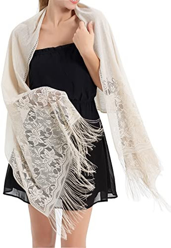 RIIQIICHY Stola Für Abendkleid Schal Stola Damen Festlich Umschlagtuch Umhang Beige Spitzenschal Mit Fransen für Hochzeit Party Braut