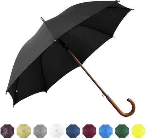 SoulRain regenschirm schwarz–Sturmfester Durchsichtiger Stockschirm Damen/Herren, Holzgriff Groß XXL Sicherheitsschirm mit Automatik-Öffnung& Selbstverteidigungs-Hochzeit/Golf/Windproof Step-by-Step