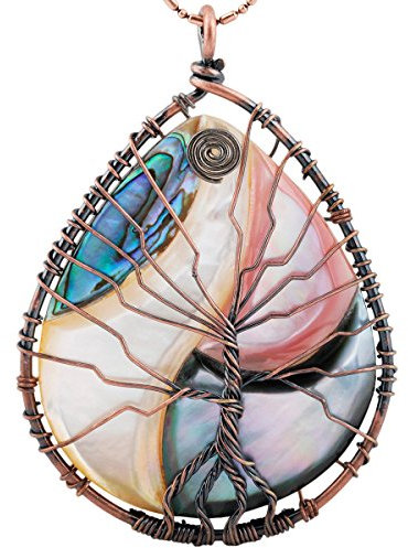 mookaitedecor Coquille Ormeau Collier Pendentif Pierre Naturelle Lithothérapie Arbre de Vie Pendentif Goutte avec Chaîne
