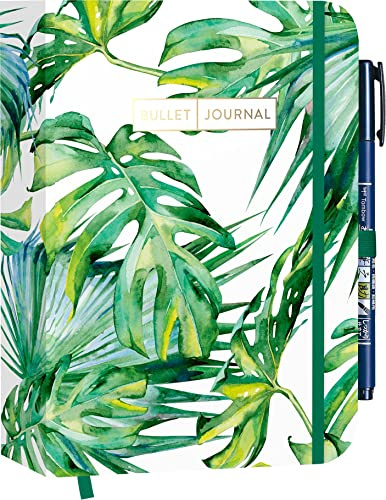 Pocket Bullet Journal Leaves mit Original Tombow Brush Pen Fudenosuke in schwarz: Mit Punkteraster, Seiten für Index, Key und Future Log sowie ... Stiftehalter und praktischem Verschlussband
