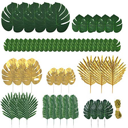 KINHONG Lot 60 Feuilles de Palmier artificielles et Plantes Tropicales de 9 Types différents, utilisées pour Les thèmes de la Jungle, Les fêtes hawaïennes, Anniversaires, Arrangements Floraux