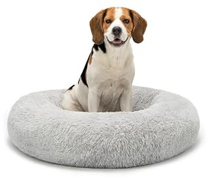lionto Donutbett für Hunde und Katzen, Flauschiges Hundebett rund für kleine und große Heimtiere, Ø 80 cm, weiches Katzenbett aus kuscheligem Plüsch, Hundekissen mit extra Dicker Füllung, hellgrau