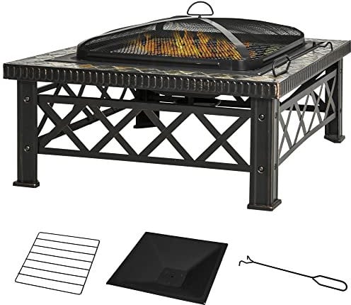 Outsunny Large Outdoor Fire Pit Table, 3 in 1 Square Wood Burning Firepit Metal Brazier, BBQ Grill, Ice Bucket w/Grill Grate, Log Grate, Lid, Poker for Garden, Camping, Bonfire, 76 x 76 x 47cm, Black