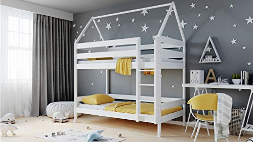 WFL GROUP Letto a Castello design Casetta per Bambini 90x190 90x200 80x160 cm Letto a Castello 2 posti per Bambini in Solido Legno di Pino - 190x90 cm - Bianco