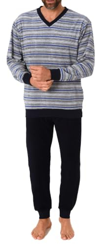 Herren Frottee Schlafanzug, Pyjama mit Bündchen in Streifenoptik - 65319, Farbe:grau, Größe:58