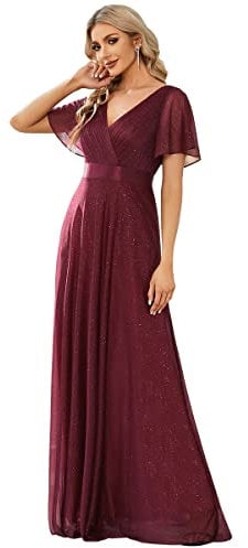 Ever-Pretty Prom Dress Long Empire Waist V-Neck Short Sleeve Classic A Line for Bridesmaid Burgundy 22