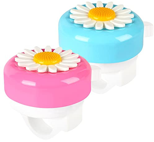 Cinvo 2 Stück Fahrradklingeln für Kinder, Glocke für Kinder, lauter, klarer Klang, sicheres Radfahren, Roller, Dreiräder, Glocke, Blumen-Design für Kinder und Erwachsene (Rosa, Weiß und Blau-Weiß)