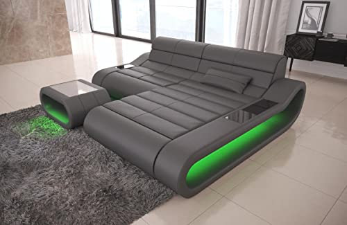 Sofa Concept L Form kurz in Leder - mit LED Beleuchtung, ergonomische Rückenlehnen, Recamiere/Lederfarben wählbar/Ausrichtung Ottomane wählbar (Ottomane rechts, Grau)