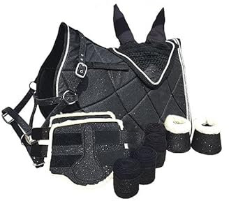 German Riding Perfect Match Schabracke Set Hufglocken Halfter Fliegenhaube Bandagen Gamaschen Glitzer (Pony, Schwarz)