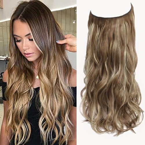 Invisible Wire Hair Extension Brown with Golden Highlights, Friendly Synthetic 20 inch Wavy Pieces for Women
