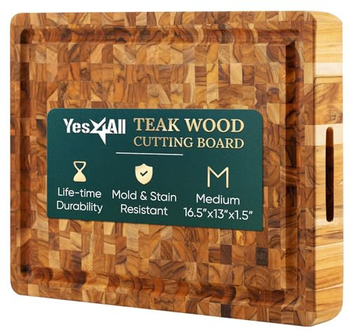 Yes4All Durable Teak Cutting Boards for Kitchen, [17''L x 13''W x 1.5” Thick] Medium End Grain Cutting Board, Pre Oiled Wood Cutting Boards, Thick Chopping Board w/Juice Grooves and Easy Grip Handle