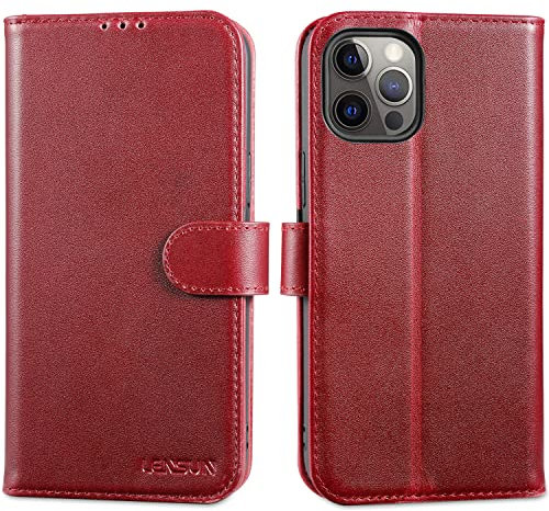 LENSUN Echtleder Hülle für iPhone 12/12 Pro Handyhülle Echt Leder Schutzhülle [RFID Blocker][Wallet-Kartenfach] Handytasche Lederhülle - Weinrot
