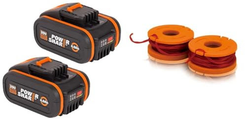 WORX WA3553.2 PowerShare 2 x 4000 mAh Werkzeugakkus 20V & WORX WA0004.1 Rasentrimmer Faden für alle 20V WORX Rasentrimmer – Langlebige Ersatzfaden Spulen – Ø 1,65mm, 3m Länge – 2er Set