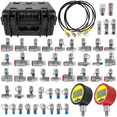 70DC Digital Hydraulische Druckprüfkupplung Kit Manometer Set für Bagger Baumaschinen 2 Messgeräte 2 Prüfschläuche 18 Kupplungen 29 T-Anschlüsse BSPP ORFS JIC JIS 700BAR/10000PSI/70Mpa