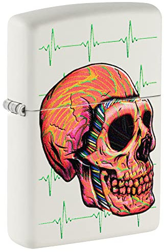 Zippo Sturmfeuerzeug - Modell Cyberpunk Skull - White Matte Finish, Color Image - Nachfüllbar - Wiederverwendbar - Windfestes Design - Geschenkbox - Made in USA