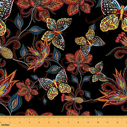 Jejeloiu Vintage Schmetterling Polster - Retro Blatt Botanical Floral Dekostoff für Polster und DIY-Projekte - Natürliches Thema Outdoor Stoff, 4,5 m, Gelb Rot