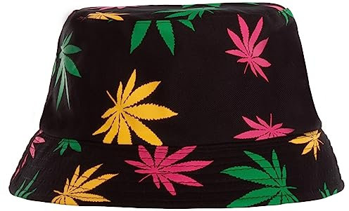 Brandsseller Sonnenhut Cannabis Design Fischerhut Sommerhut Travel Cap 100% Baumwolle (Schwarz-Bunt)