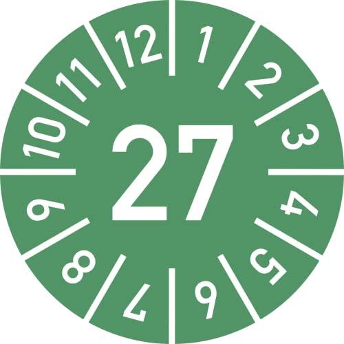Dreifke® Prüfplakette Jahr 27 mit Monaten, grün, Folie, Ø 15 mm, 10 St./Bo.
