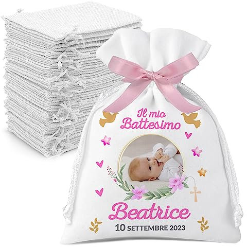 Set 12 sacchetti Juta bomboniere battesimo personalizzati con foto, nome e data. Sacchetti confetti battesimo bimbo. Grafica personalizzata a Fiori Rosa
