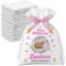 Set 12 sacchetti Juta bomboniere battesimo personalizzati con foto, nome e data. Sacchetti confetti battesimo bimbo. Grafica personalizzata a Fiori Rosa