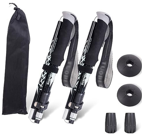 ThreeH Coppia di 2 Trekking Viaggio con Sistema Bloccaggio Rapido Bastoni Trekking per Uomini Donne Bastoni Passeggio Anziani Bastoni Passeggio Pieghevoli ultraleggeri per l'escursionismo Nero