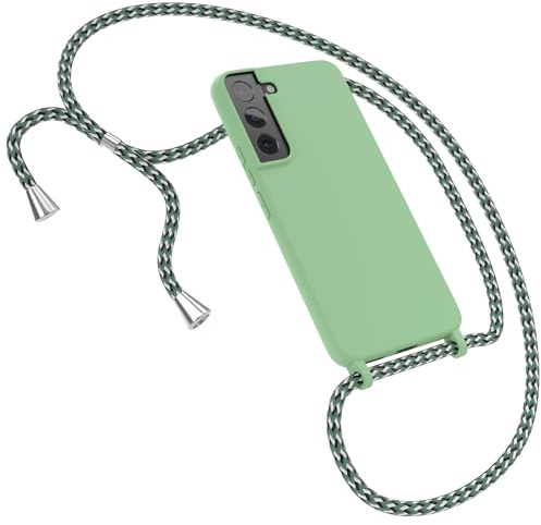 EAZY CASE - Liquid Silikon Handykette - kompatibel mit Samsung Galaxy S22 5G Soft Silikon Slim Cover, 3-Schichten Kratzfest in Grün mit Halsband Hellgrün Camouflage Metallstücke Silber
