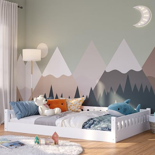 Bellabino Bodenbett Miera 140x200 cm, Montessori Kinderbett weiß, Bett für Kinder inkl. Rausfallschutz und Rolllattenrost mit offener Seite aus MDF