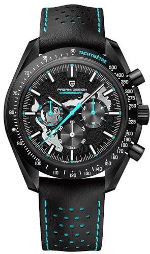 Pagani Design 1779 Lusso Uomo Orologio al quarzo Luna Cronografo Scheletro AR Sintetico Zaffiro VK63 Movimento Cinturino in pelle impermeabile Sportivo orologio Completo nero, Blu