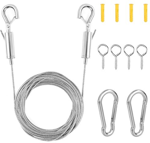 Drahtseil Rankhilfe Set, 5m Einstellbar Stahlseil Seilaufhängung, Edelstahl Spannseil Seilspanngarnitur, 2mm Edelstahlseil für Zeltseil Wäscheleine Kletterpflanzenseil Gardinenseil