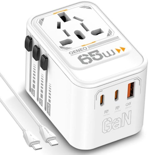 QENEQ 65W GaN Reiseadapter Weltweit mit USB C USB A und AC Steckdose Internationaler Steckdosenadapter Reisestecker Adapter Weltweit Travel Adapter für EU USA UK Japan Thailand Australien Vietnam