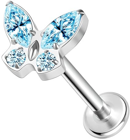 ESHIONER G23 Titan Piercing Schmuck für Tragus Helix Conch Medusa Labret Lip Bar Stecker Knorpel Ohrringe Hypoallergen Schmetterling Silber Blau Internally Threaded Flat Back Stud Piercing Ohr 16g 8mm